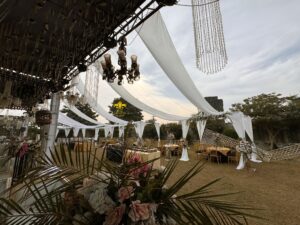 open-air-wedding chandeliers, hanging garden, gazebo, white wedding