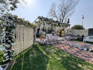 nikkah wall, backdrop, floral stage, daytime event