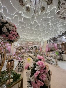 events planners, hanging garden, crystal beaded decor, carpeted stage