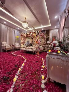 wedding room decor, floating candles, petals, roses
