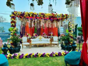 stage decor, floral stage, backdrop, wedding stage