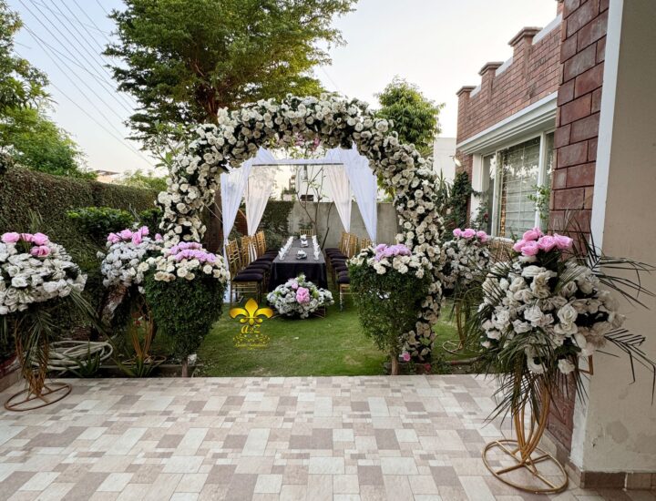 intimate ceremony, home event, floral decor, open air setup