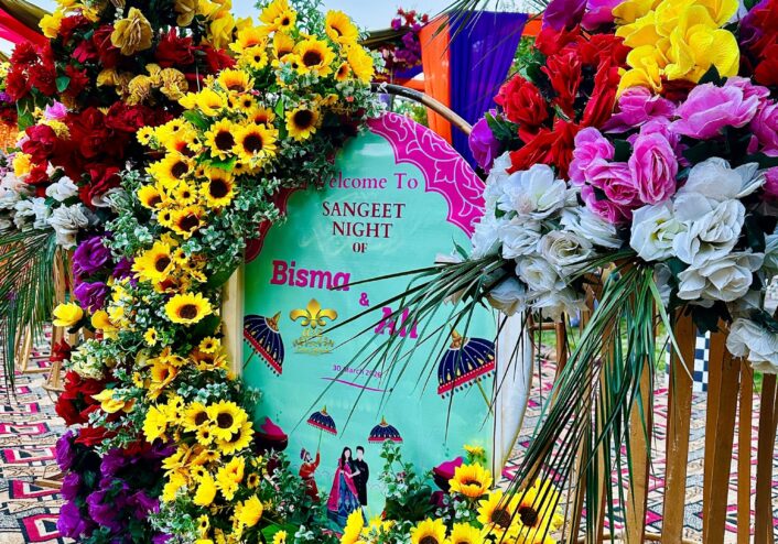 welcome board, floral decor, wedding planners, events management