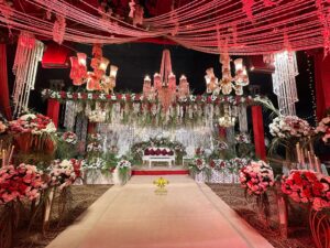 baraat stage, floral backdrop