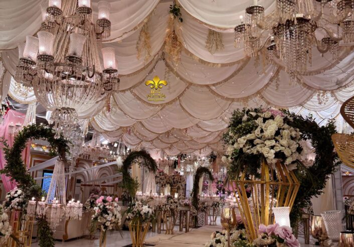 hanging chandeliers, crystal beaded decor, nikkah decorations, walkway setup