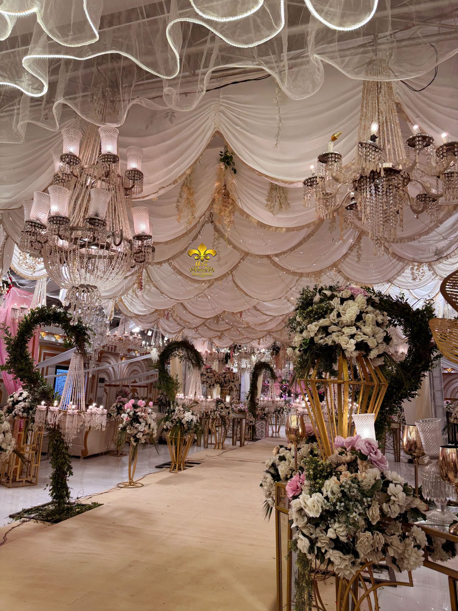 hanging chandeliers, crystal beaded decor, nikkah decorations, walkway setup