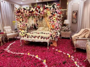 bridal room decor, house decor, petals setup, first night setup