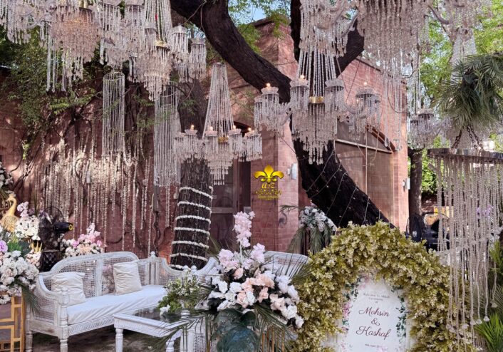 western theme, nikkah decor, hanging chandeliers, events management