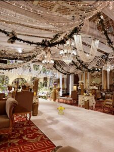 walkway decorations, draping, console tables, hanging chandeliers