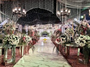 crystal-beaded-reception fairy lights decor, events planners, catering setup, wedding management