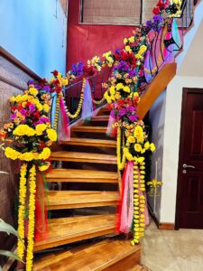 stairs decor, mayoun event, floral setup, wedding management