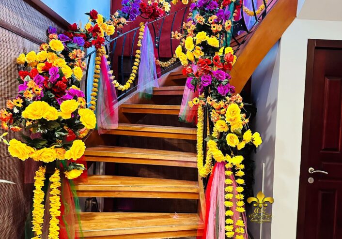 stairs decor, mayoun event, floral setup, wedding management