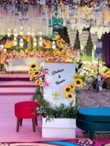 wedding-designers stage decor, dance floor, area decor, welcome board