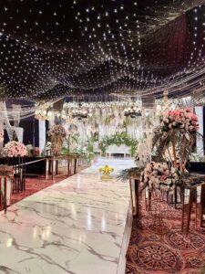 wedding-designers-and-planners reception event, marble flooring, walkway decor, console tables