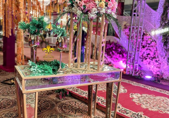 console table, floral decor, walkway setup, caterers