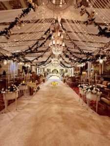 western theme, carpeted walkway, antique setup, hanging chandeliers