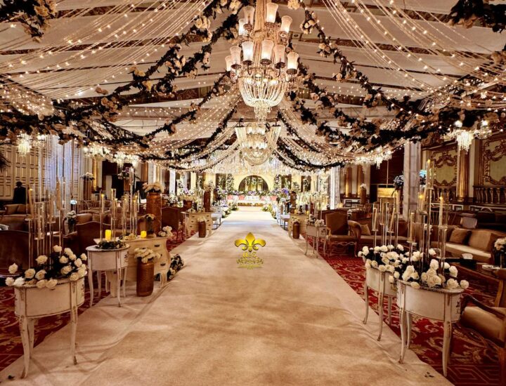 western theme, carpeted walkway, antique setup, hanging chandeliers