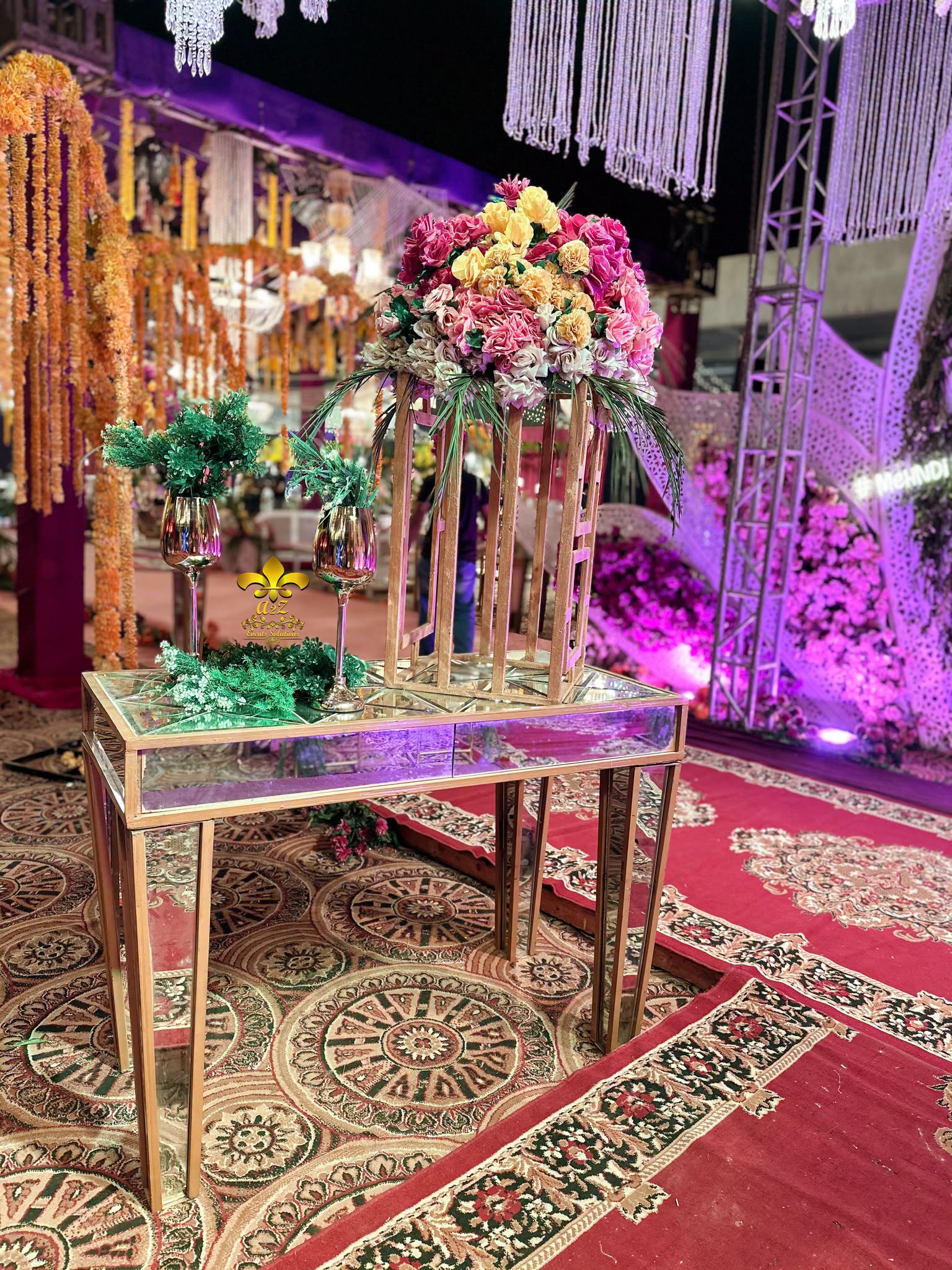 console table, floral decor, walkway setup, caterers