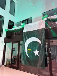 indoor decorations, flag hanging, themed spotlights, corporate setup
