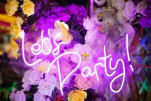 neon sign, party planners, colorful setup, caterers