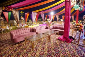 outdoor setup, mehndi decor, draping, multicolored event