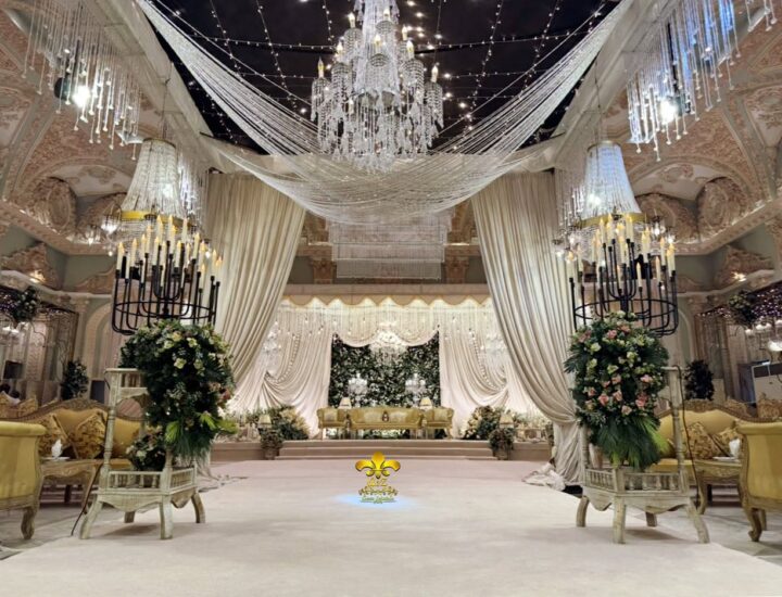 crystal beaded decor, walima ceremony, carpeted walkway, a2z events