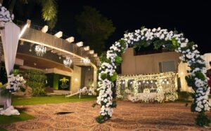 open air, wedding stage, arch decor, caterers