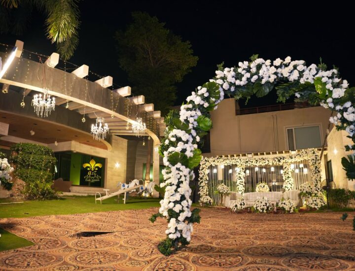 open air, wedding stage, arch decor, caterers